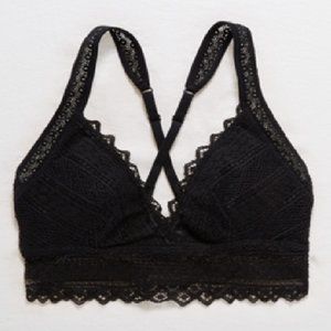 Aerie Black Crochet Lace Longline Plunge Cross Back Bralette
